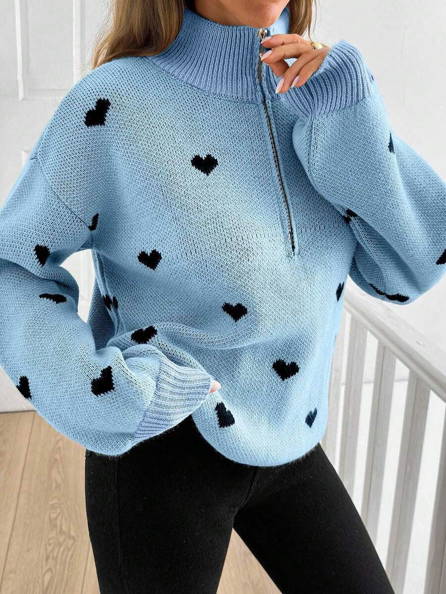 Moncelia Signy Heart Print Quarter-Zip Sweater