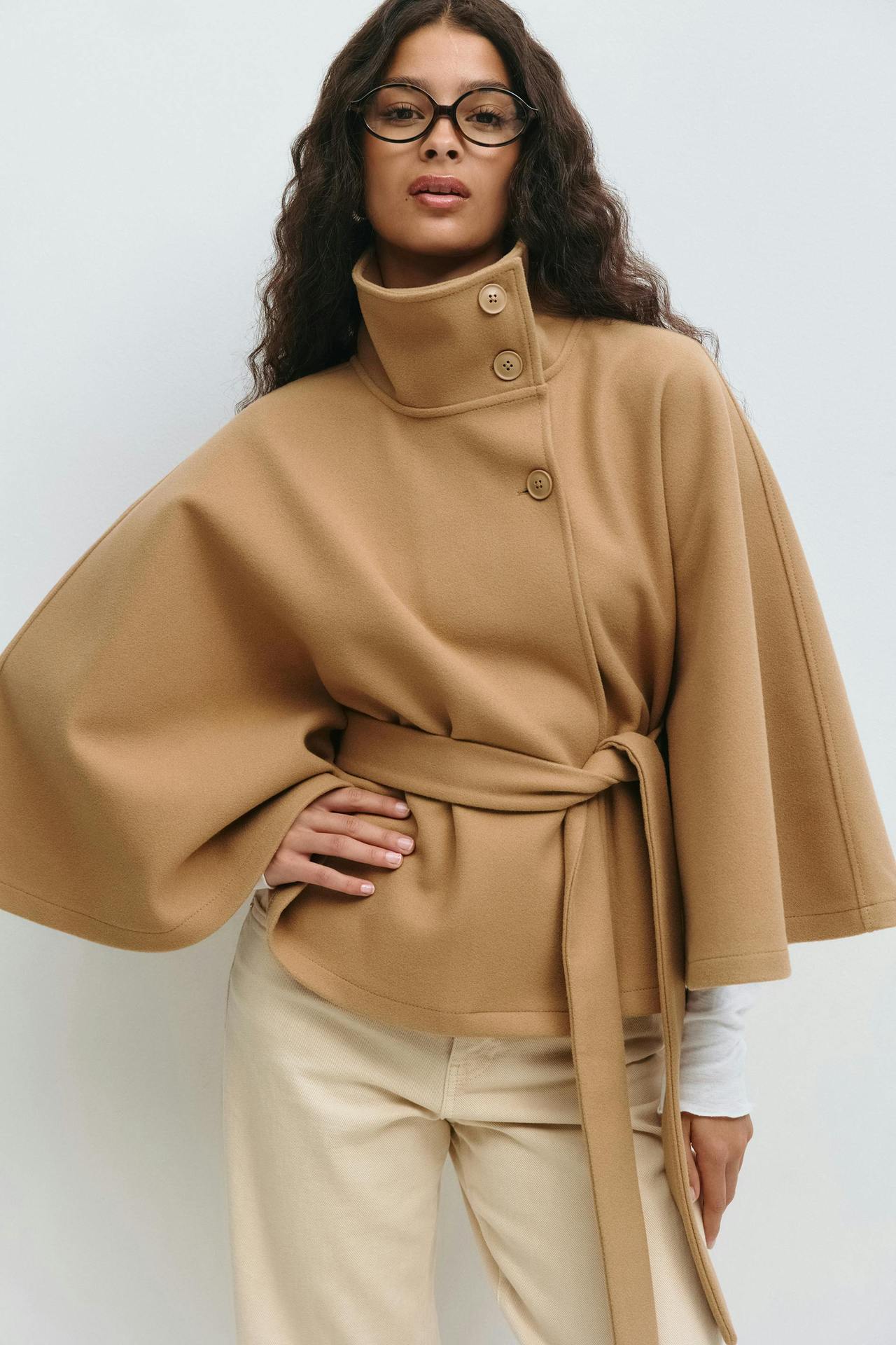 Moncelia Anneke Button-Front Belted Cape Coat