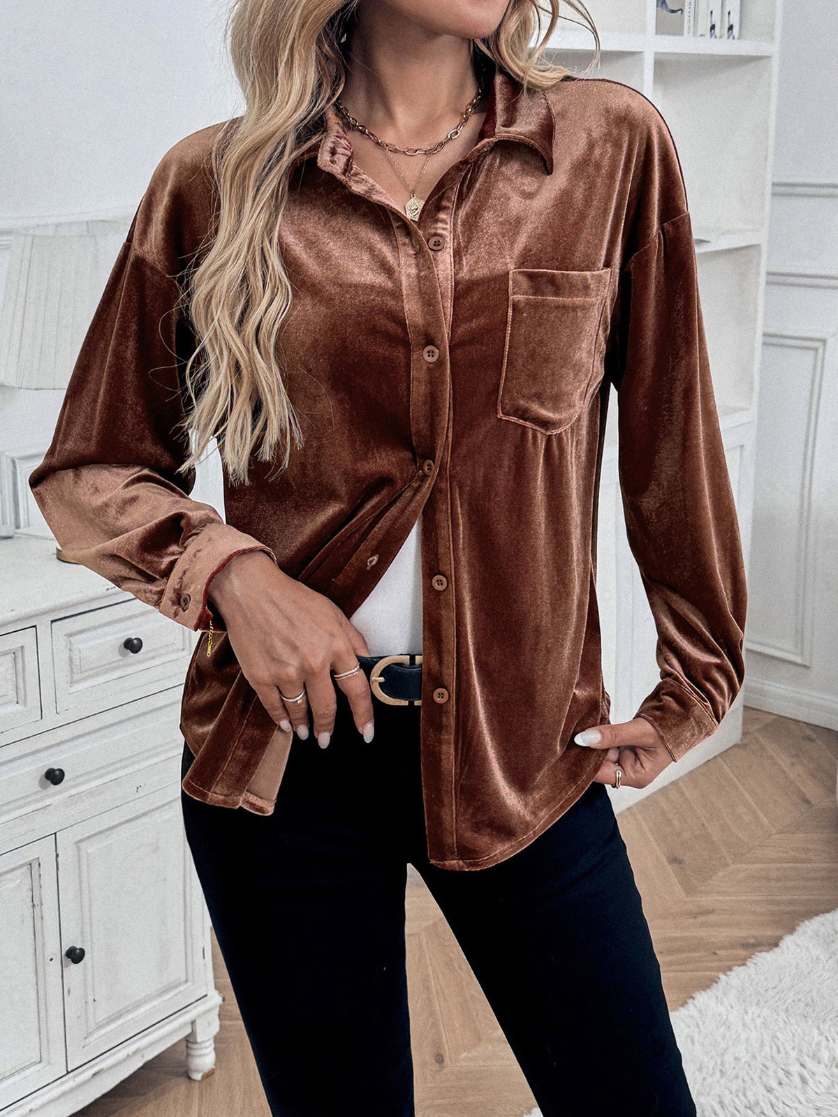 Margo & Main brown velvet button-front shirt — half-open front with chest pocket and cuffs, US women's sizes