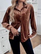Margo & Main brown velvet button-front shirt — half-open front with chest pocket and cuffs, US women's sizes
