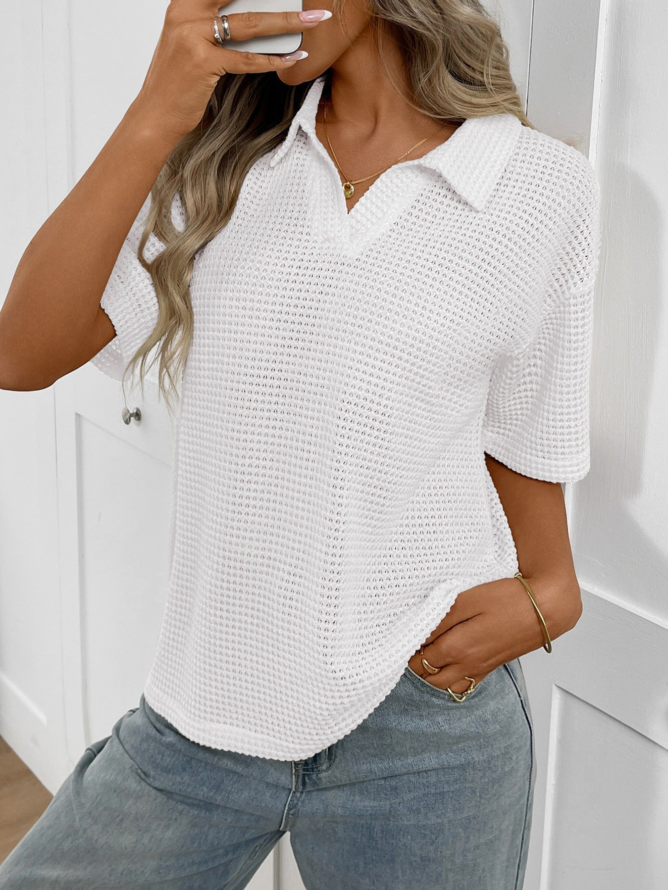 Moncelia Mabel Textured Knit Polo Top
