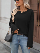 Moncelia Rachele Waffle Knit Split-Neck Long Sleeve Top