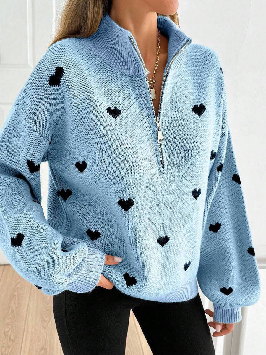 Moncelia Signy Heart Print Quarter-Zip Sweater