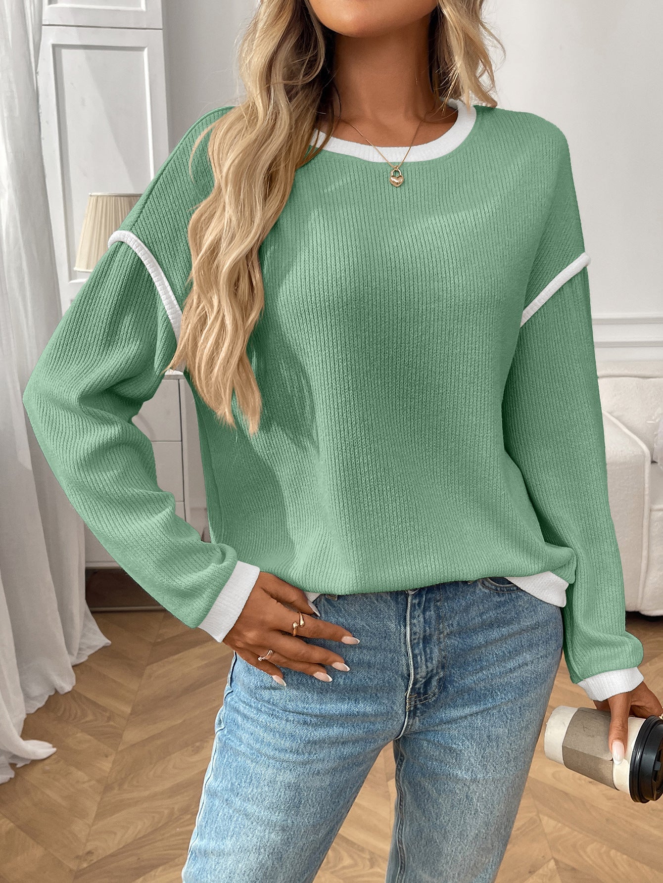 Moncelia Bruna Contrast-Trim Ribbed Knit Top