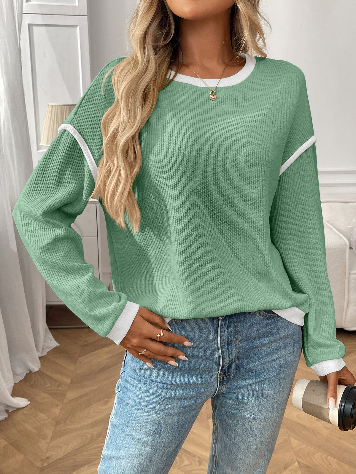 Moncelia Bruna Contrast-Trim Ribbed Knit Top