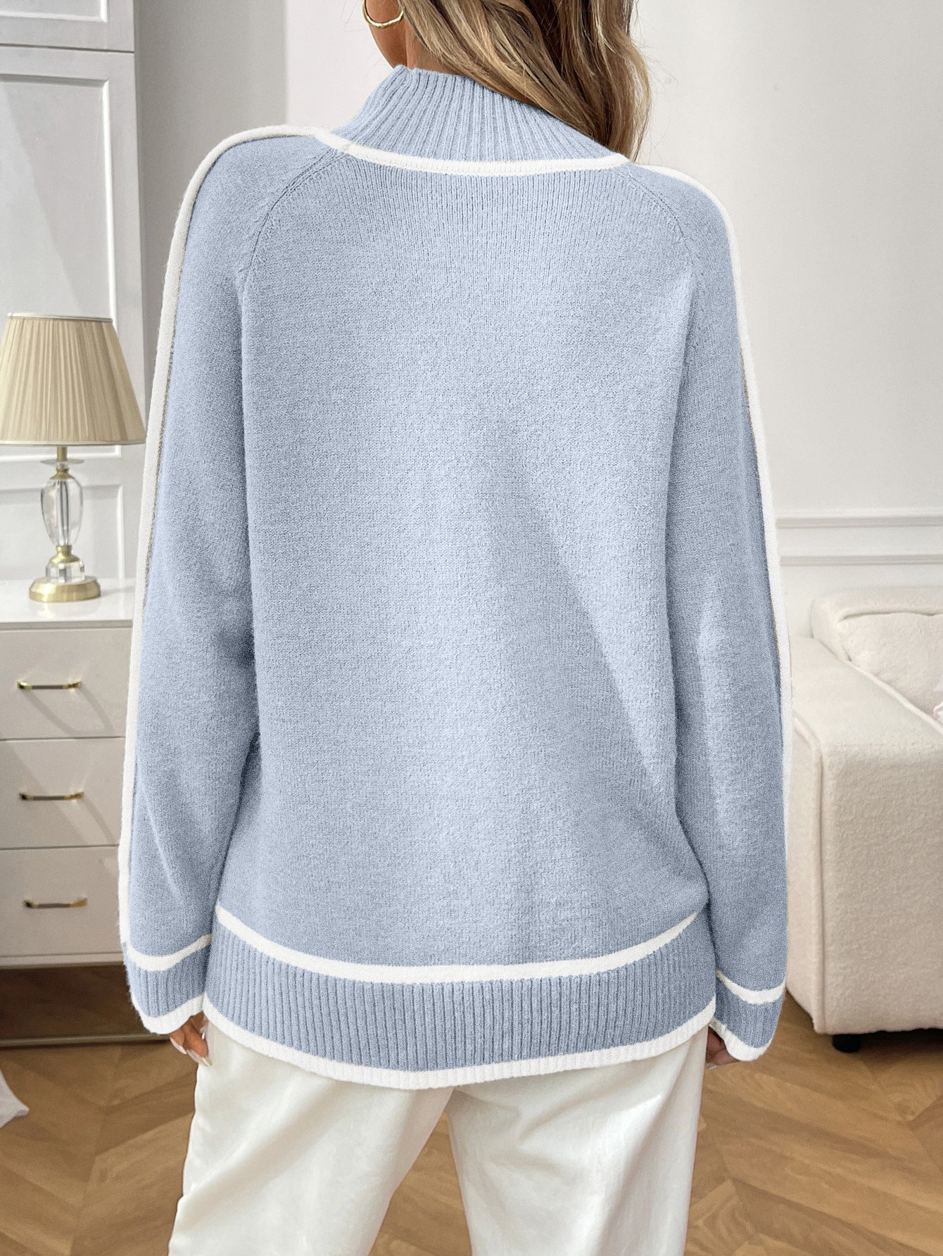 Moncelia Isaline Contrast-Trim Mock Neck Sweater
