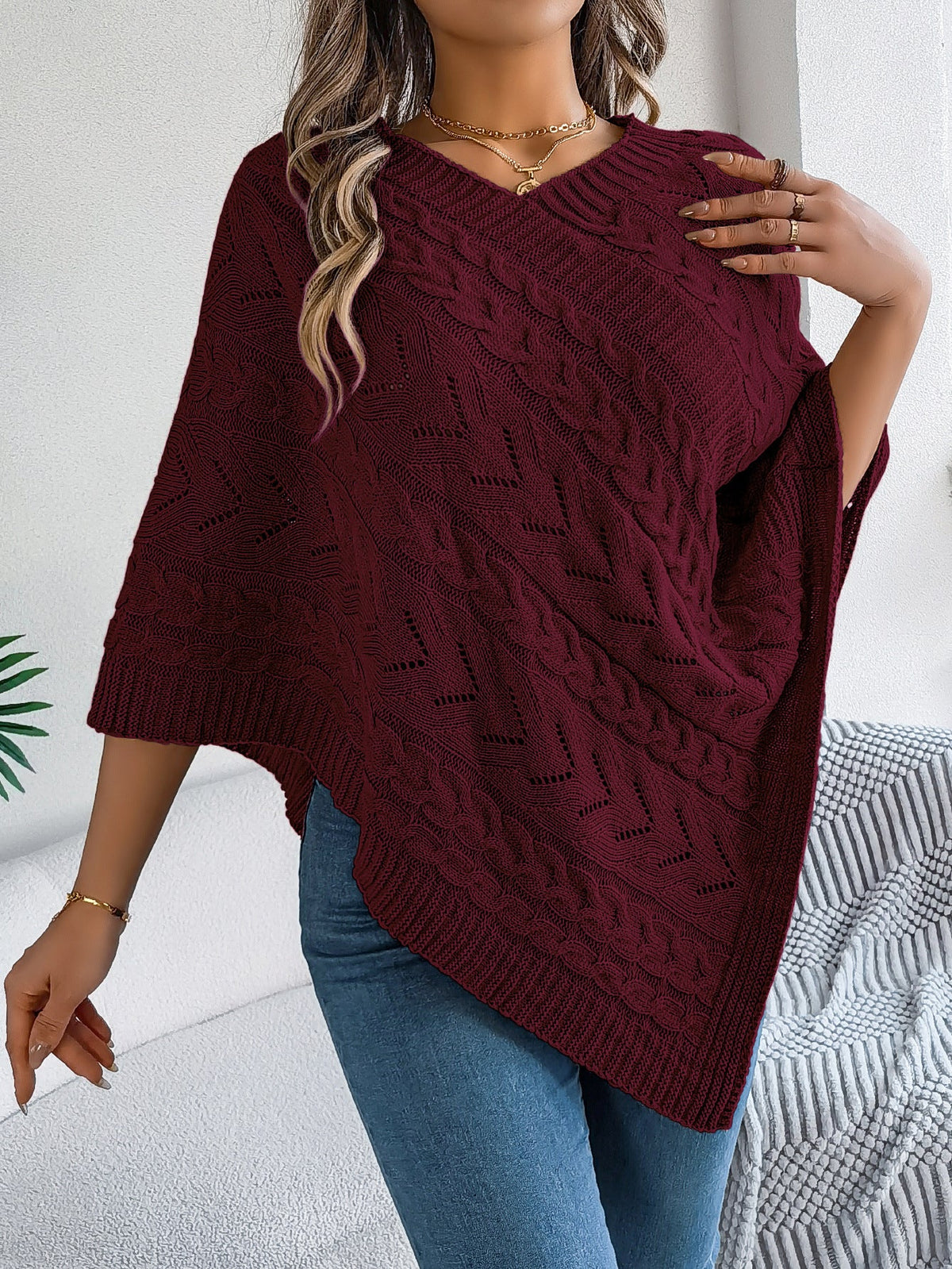 Moncelia Dalila Cable Knit V-Neck Cape Poncho