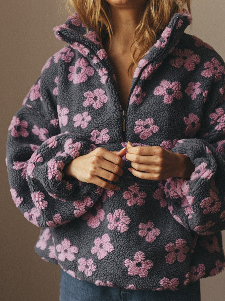 Moncelia Aurore Floral Sherpa Half-Zip Pullover