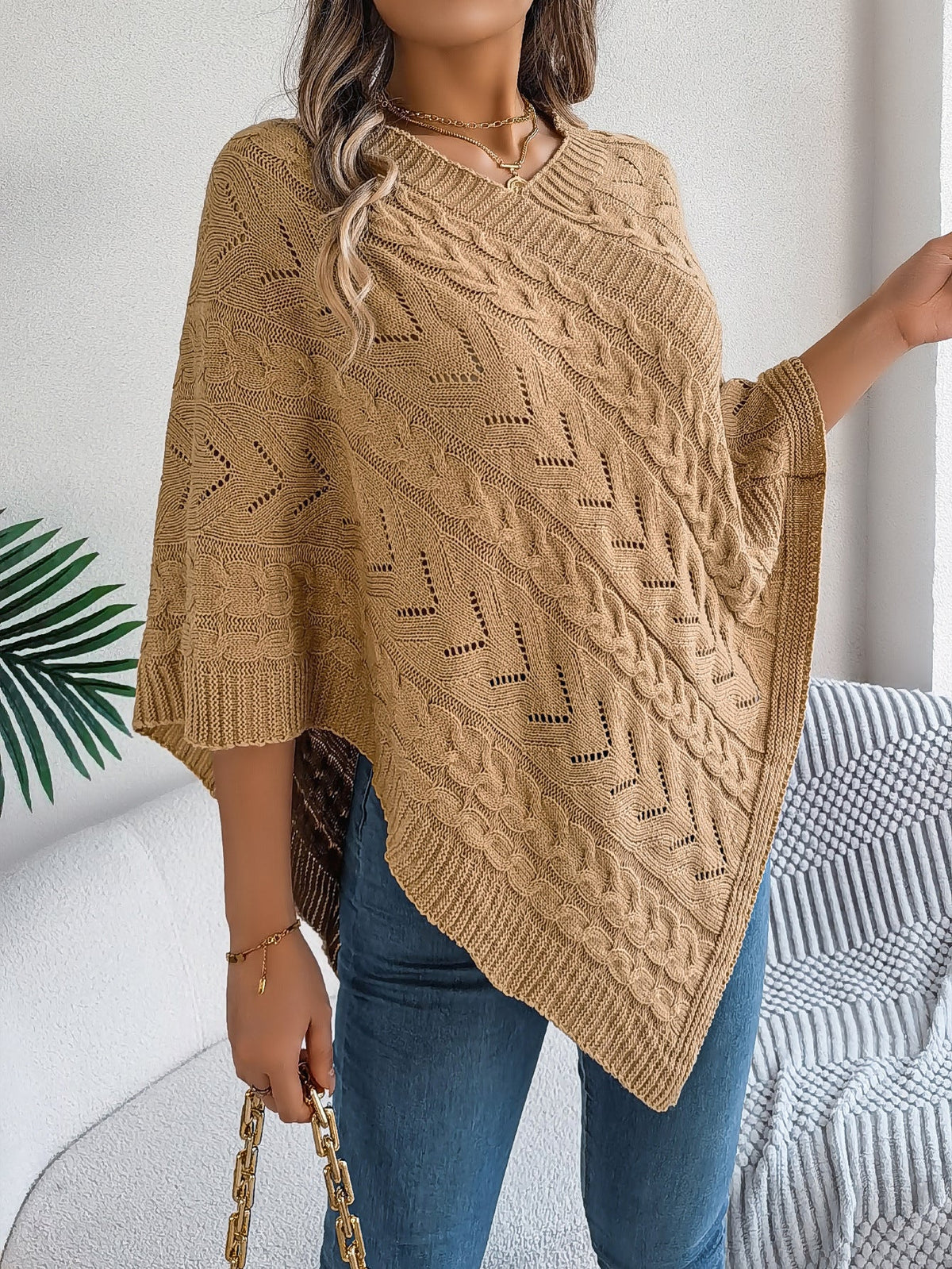 Moncelia Dalila Cable Knit V-Neck Cape Poncho