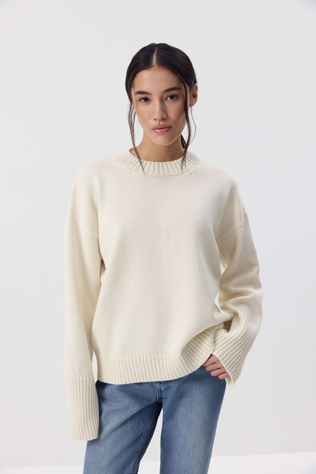 Moncelia Ottilia Cotton-Blend Crew Neck Drop Shoulder Sweater