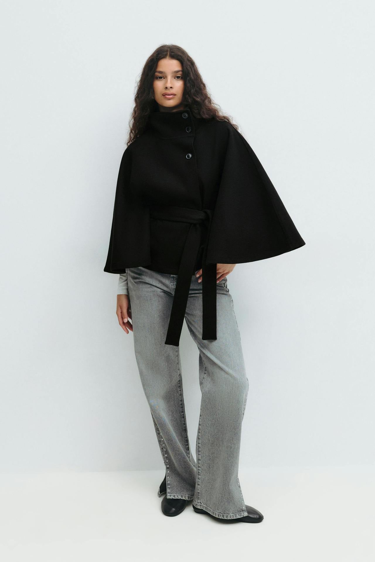 Moncelia Anneke Button-Front Belted Cape Coat