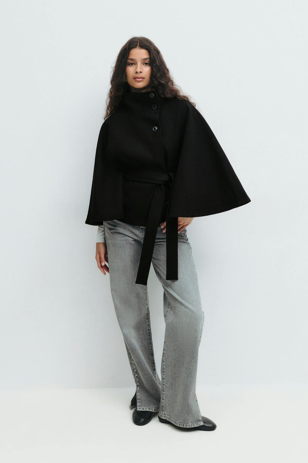 Moncelia Anneke Button-Front Belted Cape Coat
