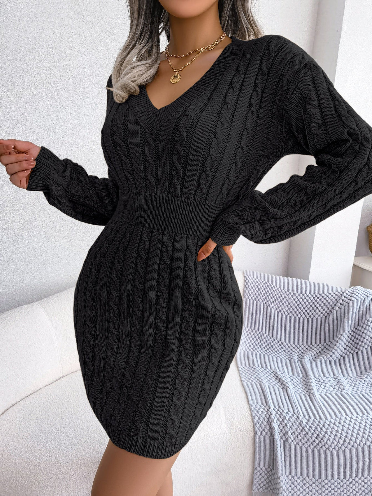 Moncelia Michela Cable-Knit Smocked-Waist Sweater Dress