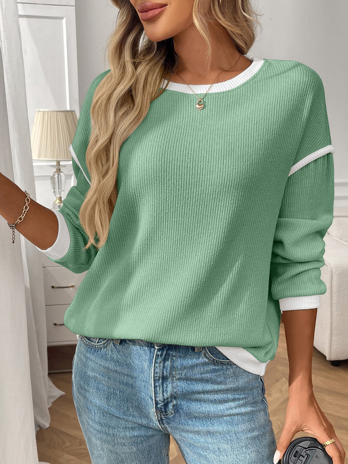 Moncelia Bruna Contrast-Trim Ribbed Knit Top