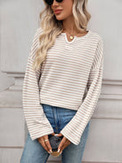 Moncelia Rachele Waffle Knit Split-Neck Long Sleeve Top