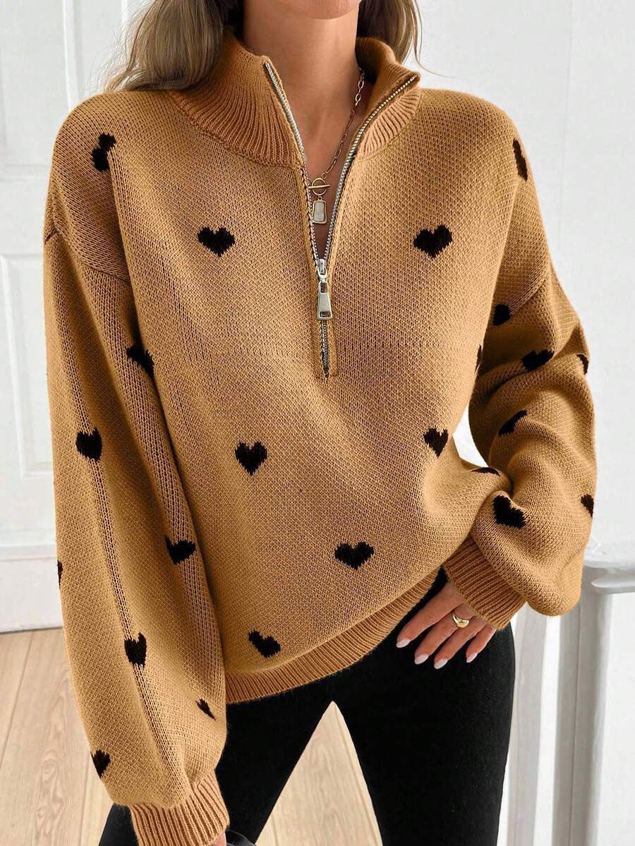 Moncelia Signy Heart Print Quarter-Zip Sweater