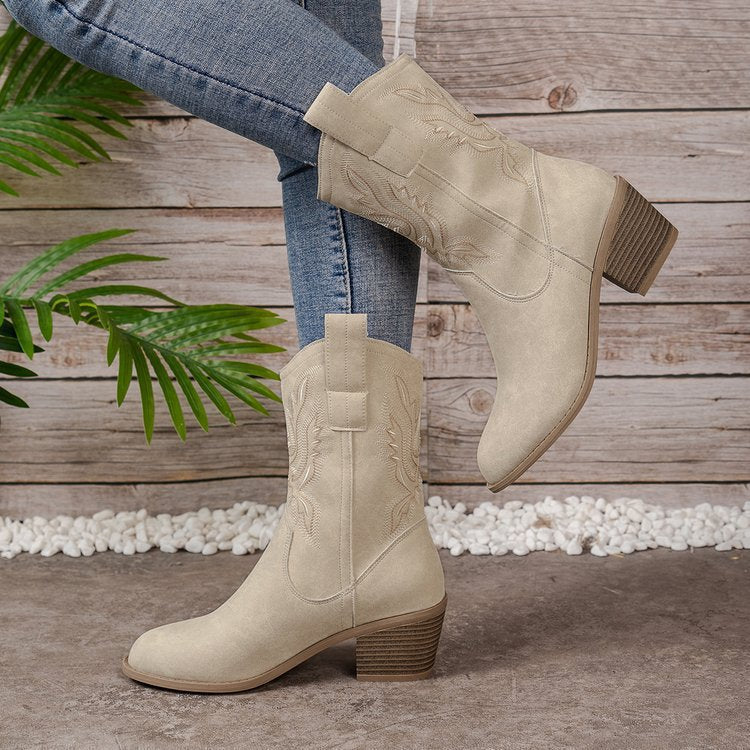 Moncelia Bianca Embroidered Mid-Calf Western Boots