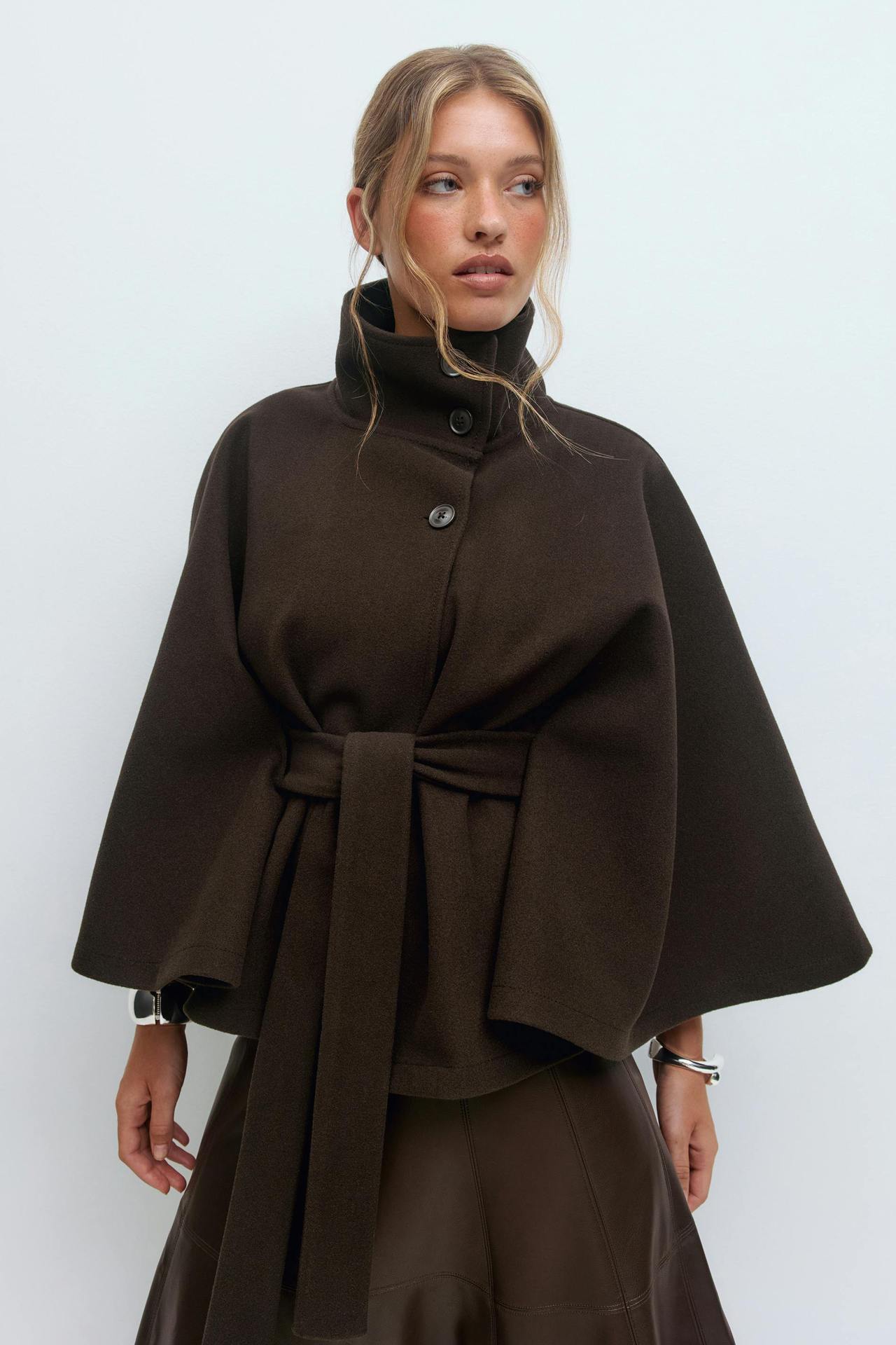 Moncelia Anneke Button-Front Belted Cape Coat