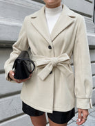 Margo & Main cream wool blend belted short coat — front view with bow belt and handbag, US women's sizes