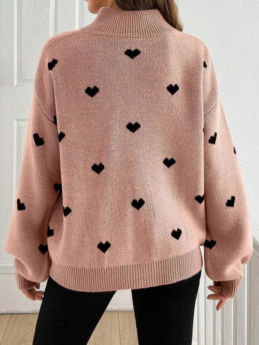 Moncelia Signy Heart Print Quarter-Zip Sweater