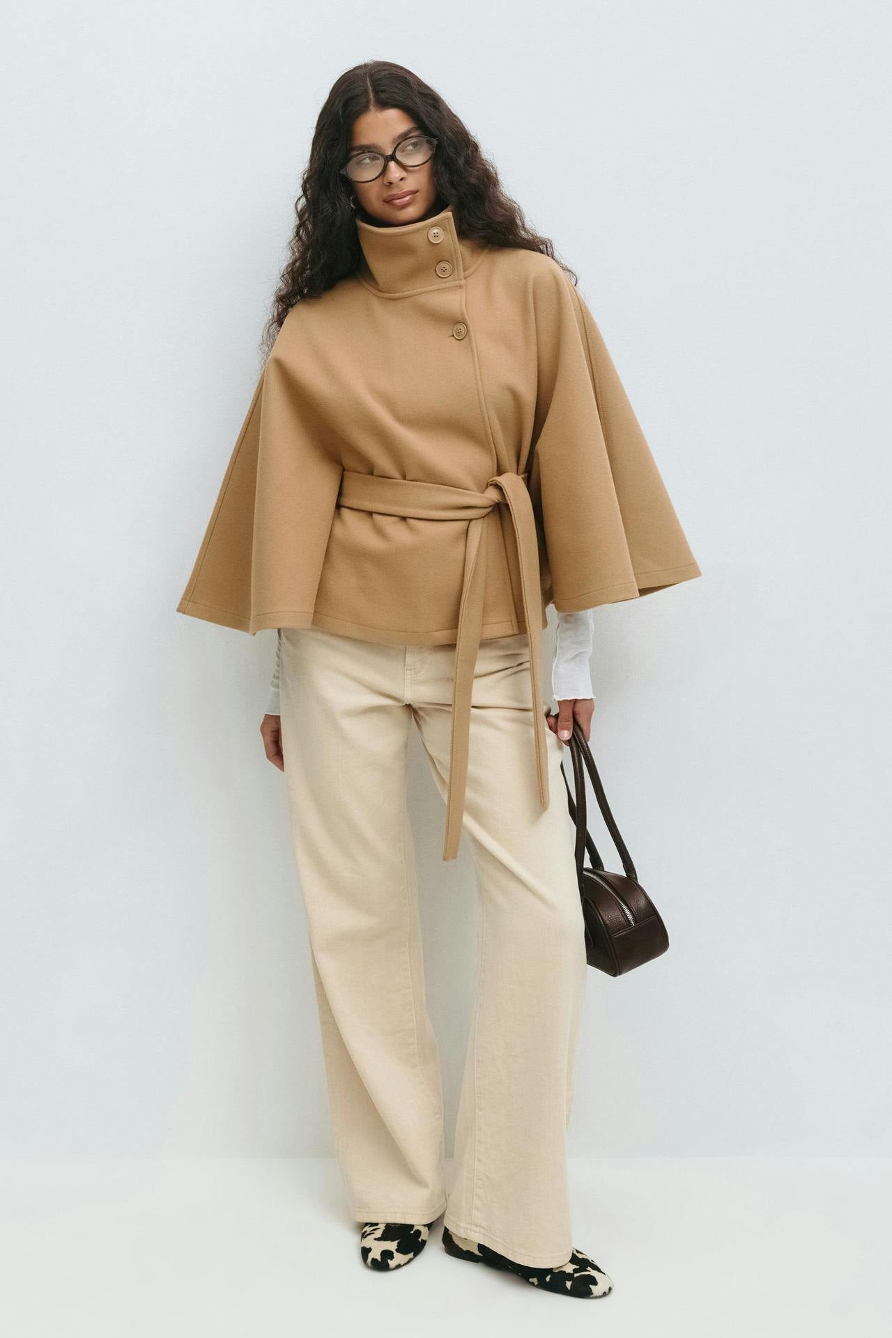 Moncelia Anneke Button-Front Belted Cape Coat