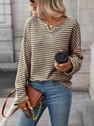 Moncelia Rachele Waffle Knit Split-Neck Long Sleeve Top