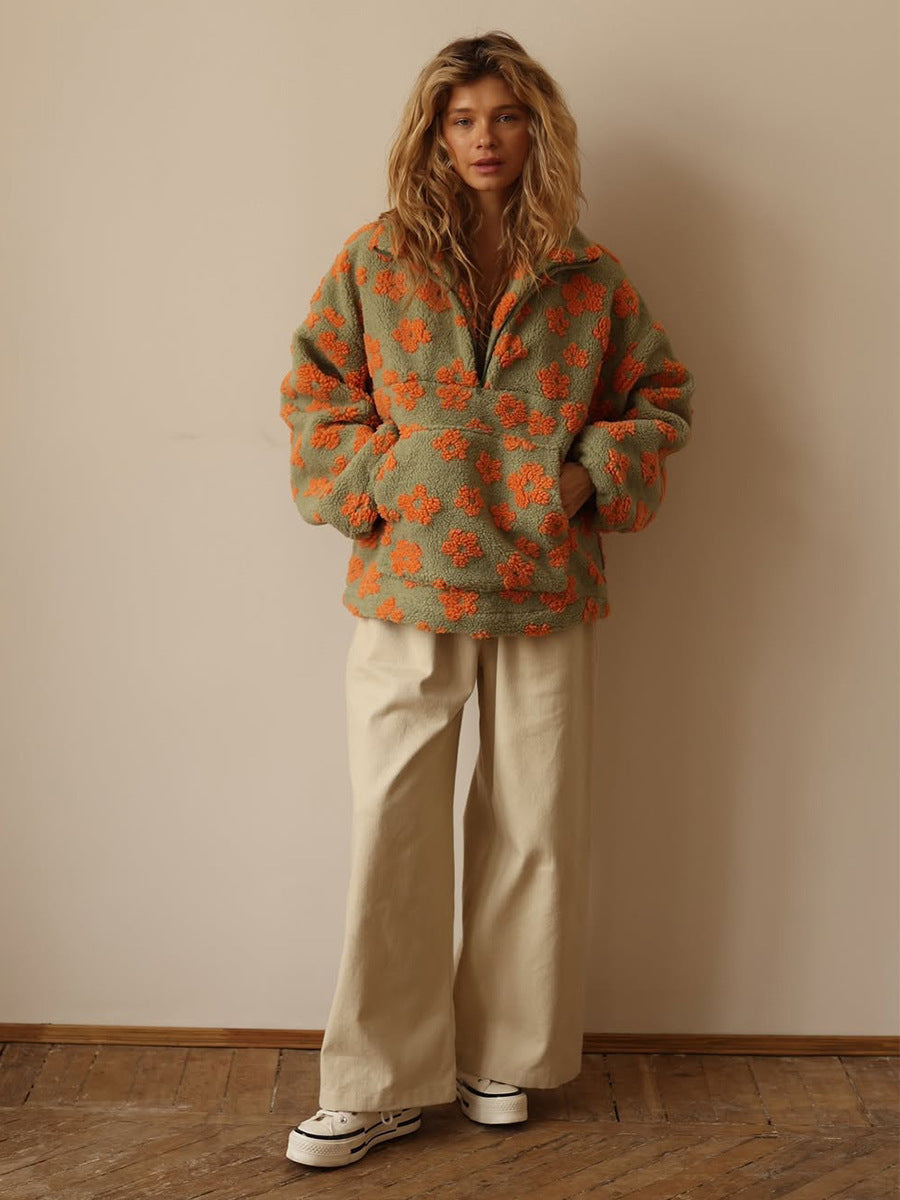 Moncelia Aurore Floral Sherpa Half-Zip Pullover
