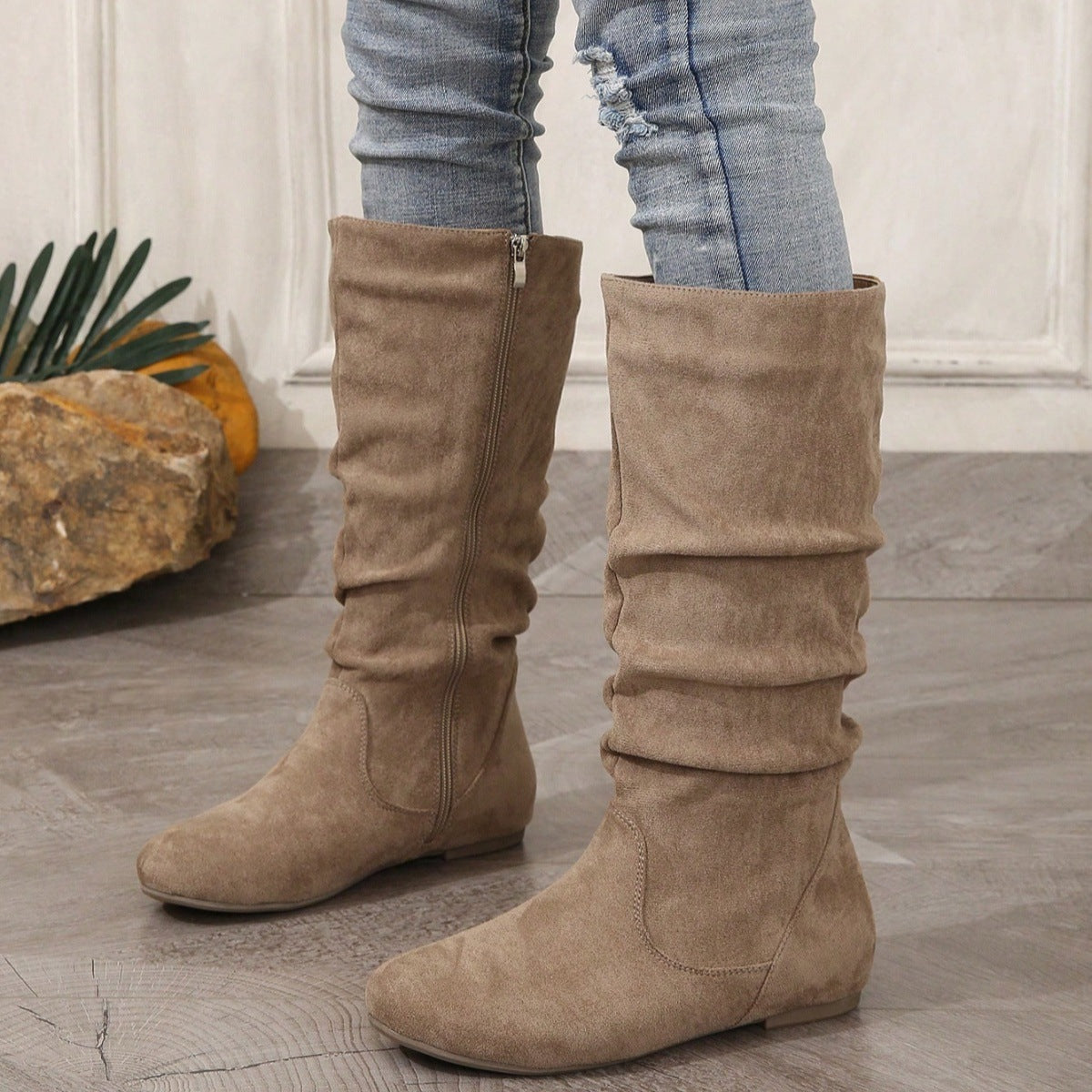 Moncelia Frida Slouch Mid-Calf Flat Faux Suede Boots