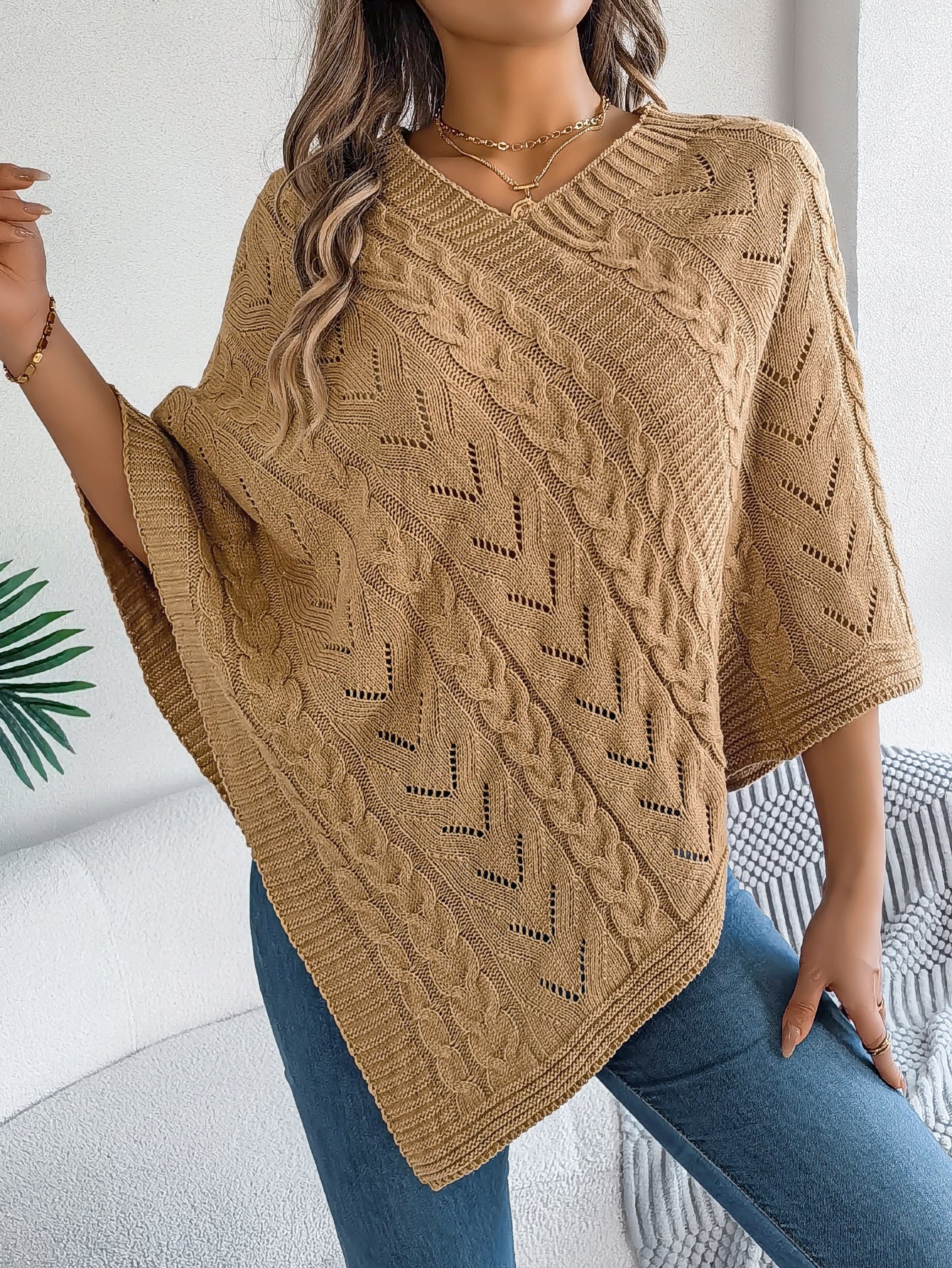 Moncelia Dalila Cable Knit V-Neck Cape Poncho