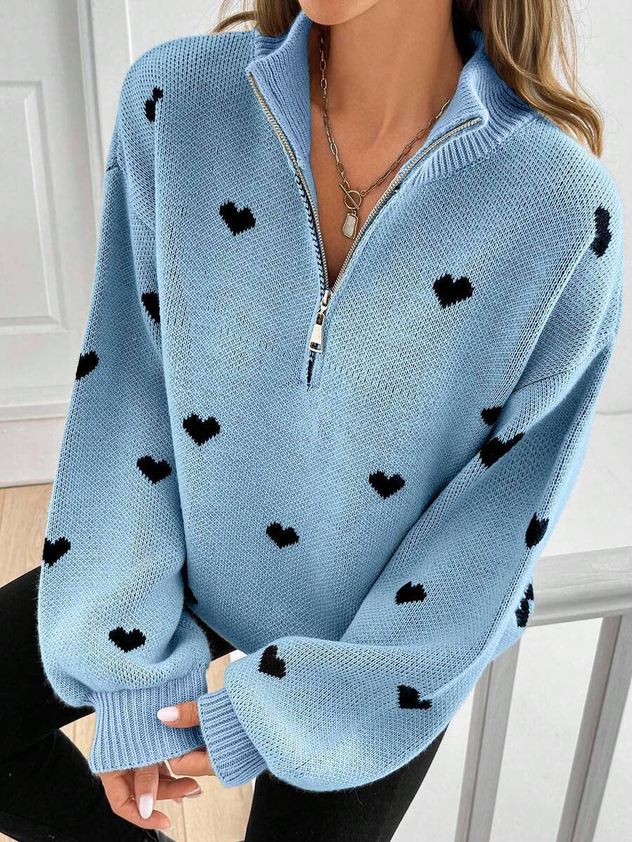Moncelia Signy Heart Print Quarter-Zip Sweater