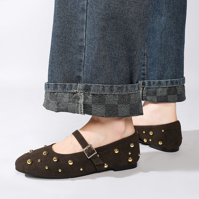 Moncelia Verina Studded Faux Suede Mary Jane Flats