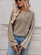 Moncelia Rachele Waffle Knit Split-Neck Long Sleeve Top