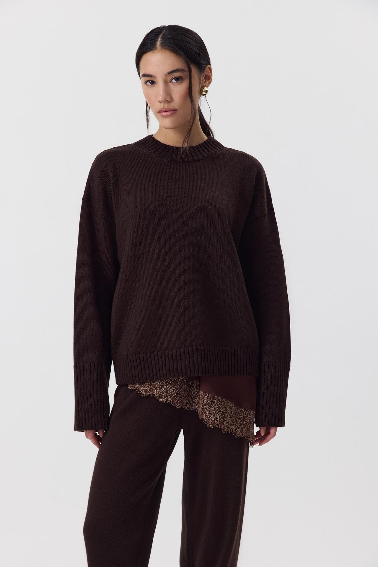 Moncelia Ottilia Cotton-Blend Crew Neck Drop Shoulder Sweater