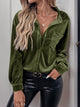 Margo & Main green velvet button-front shirt — open V collar front view with leather pants