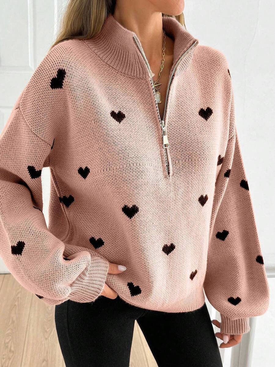 Moncelia Signy Heart Print Quarter-Zip Sweater