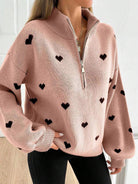 Moncelia Signy Heart Print Quarter-Zip Sweater