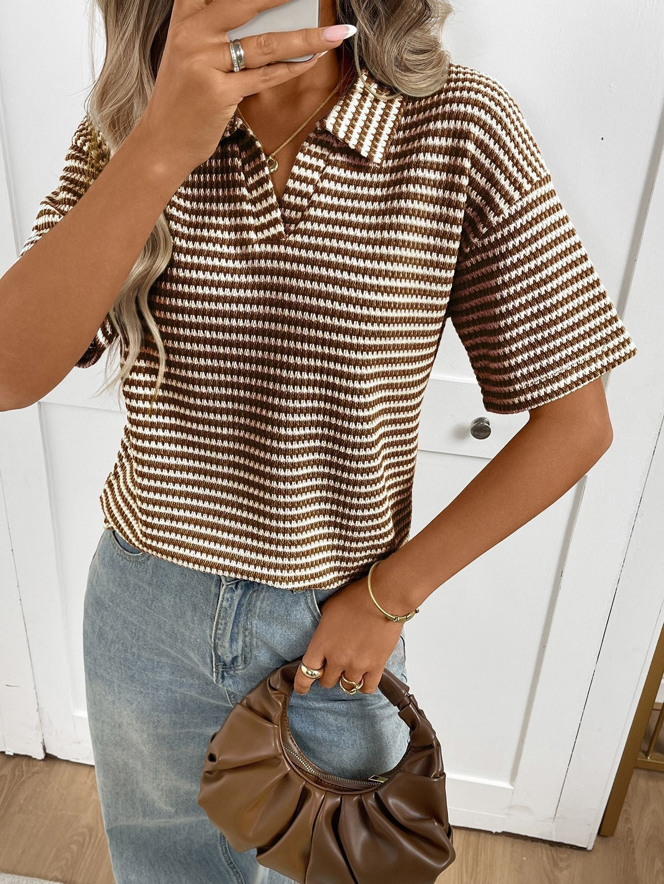 Moncelia Mabel Textured Knit Polo Top