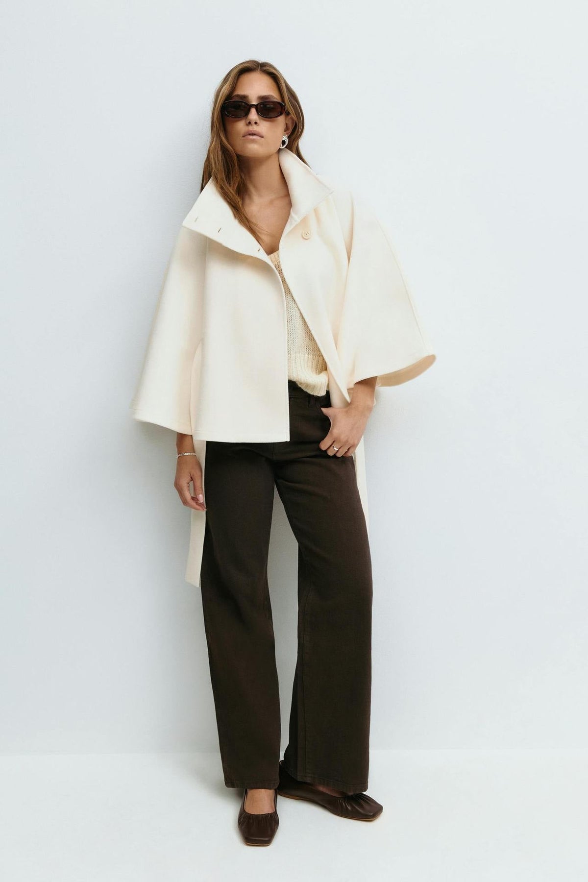 Moncelia Anneke Button-Front Belted Cape Coat