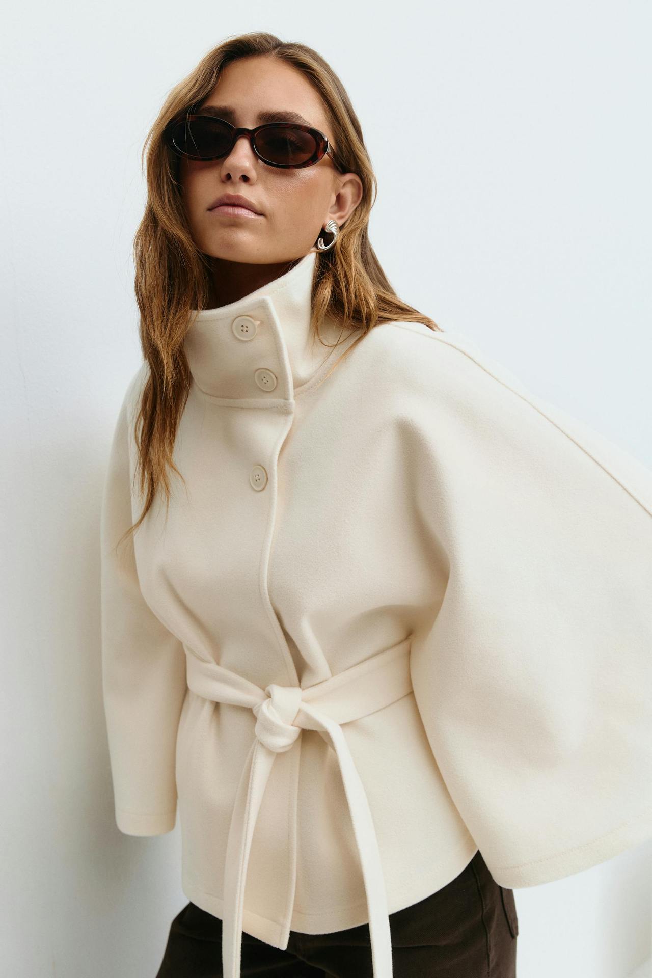 Moncelia Anneke Button-Front Belted Cape Coat