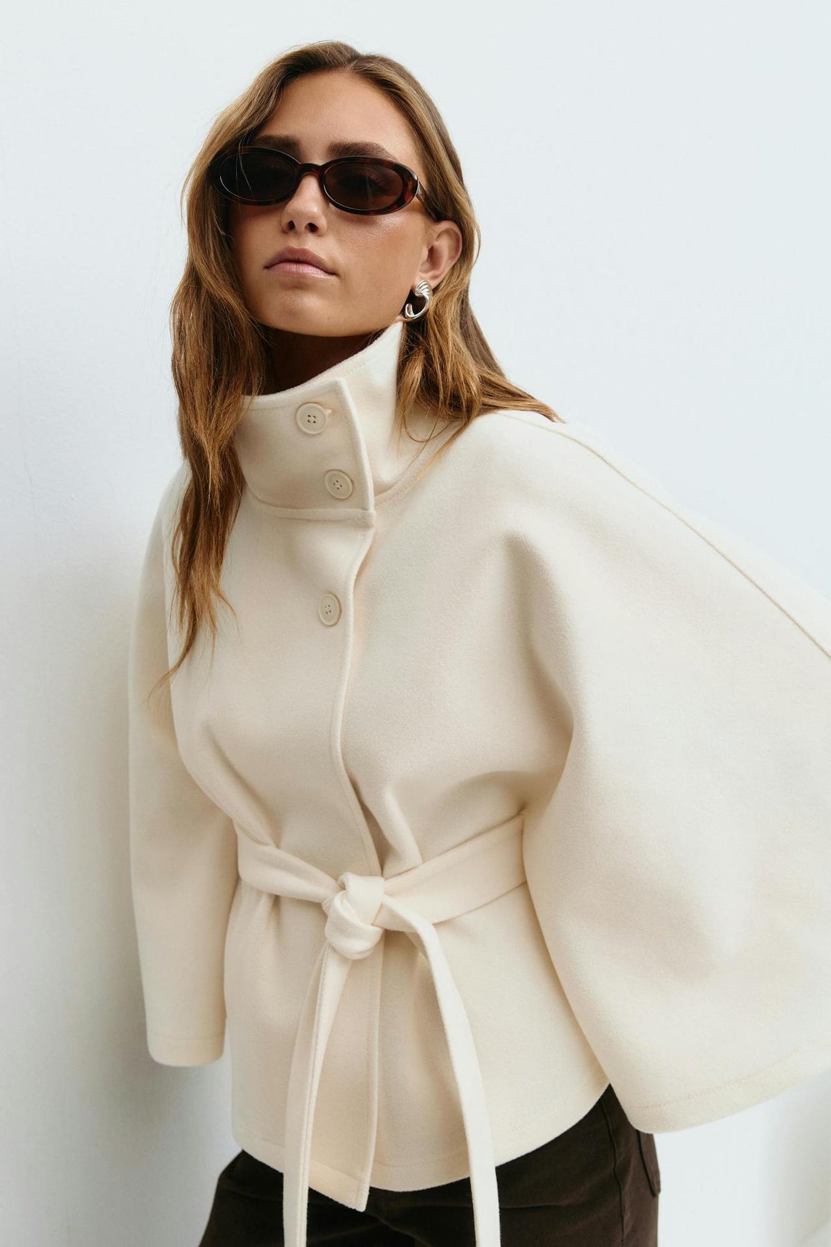 Moncelia Anneke Button-Front Belted Cape Coat