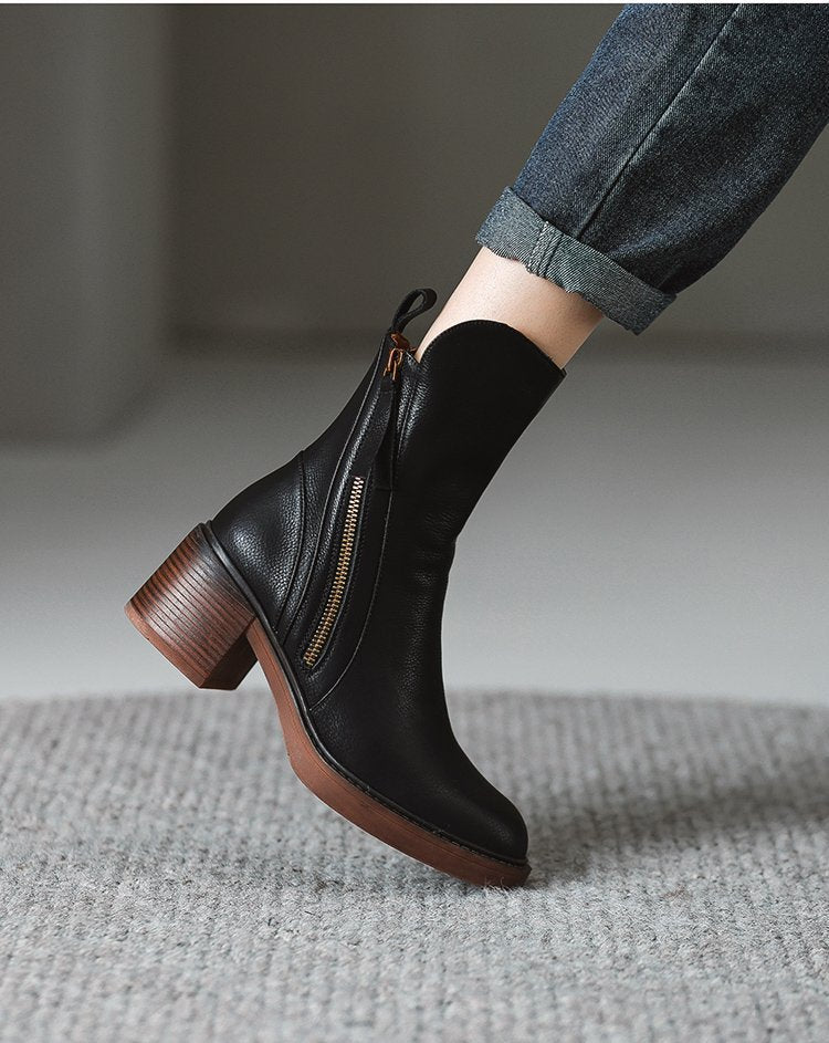 Moncelia Chantal Side-Zip Stacked Heel Ankle Boots