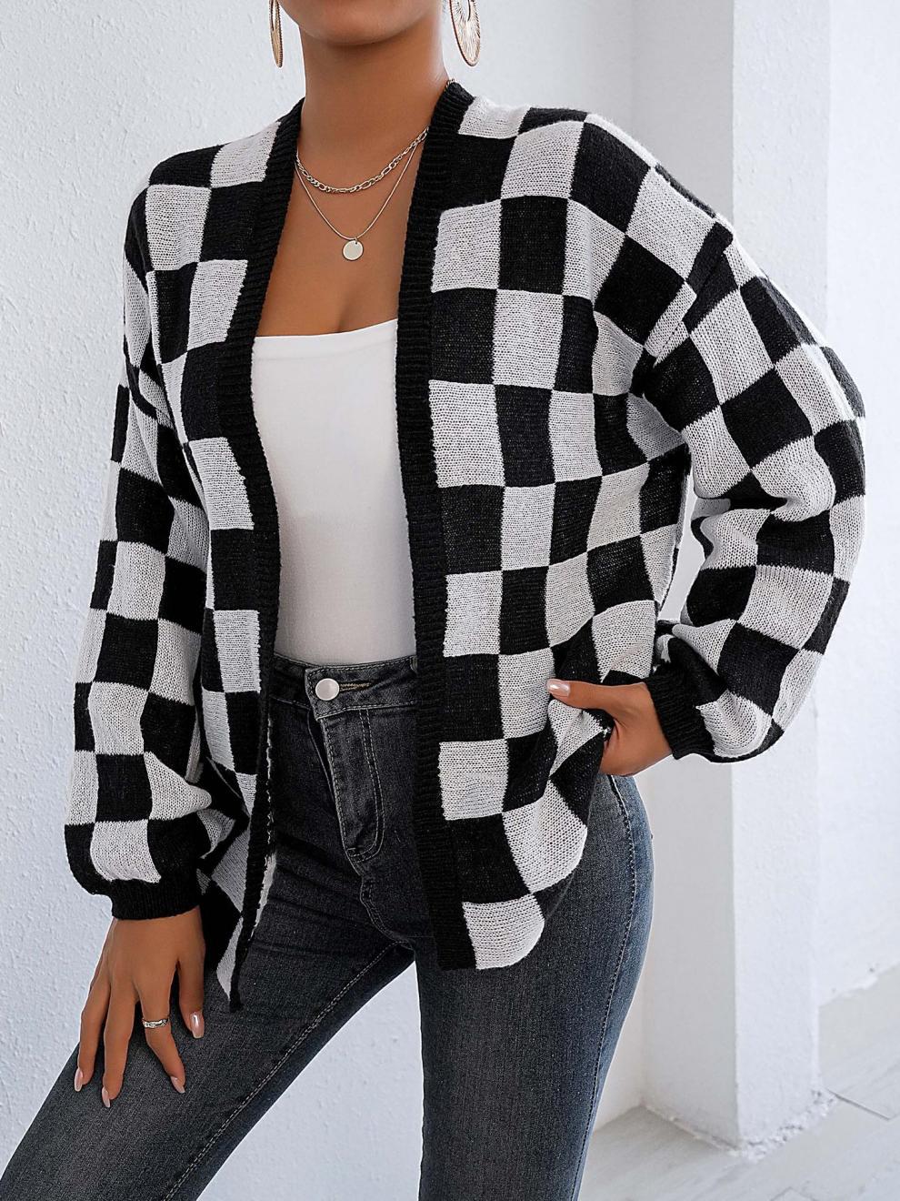 Moncelia Avielle Deer Plush Checkerboard Cardigan