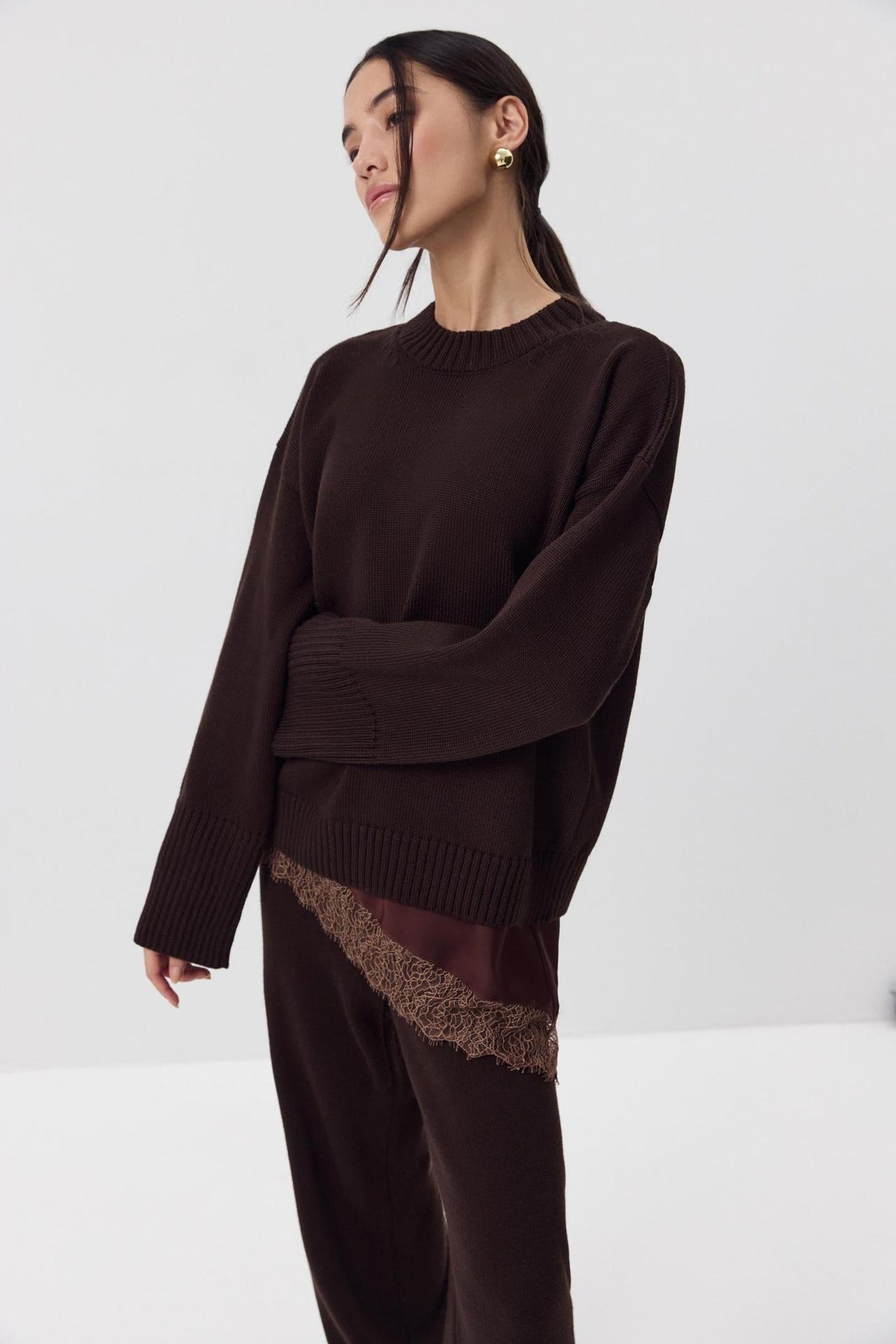 Moncelia Ottilia Cotton-Blend Crew Neck Drop Shoulder Sweater
