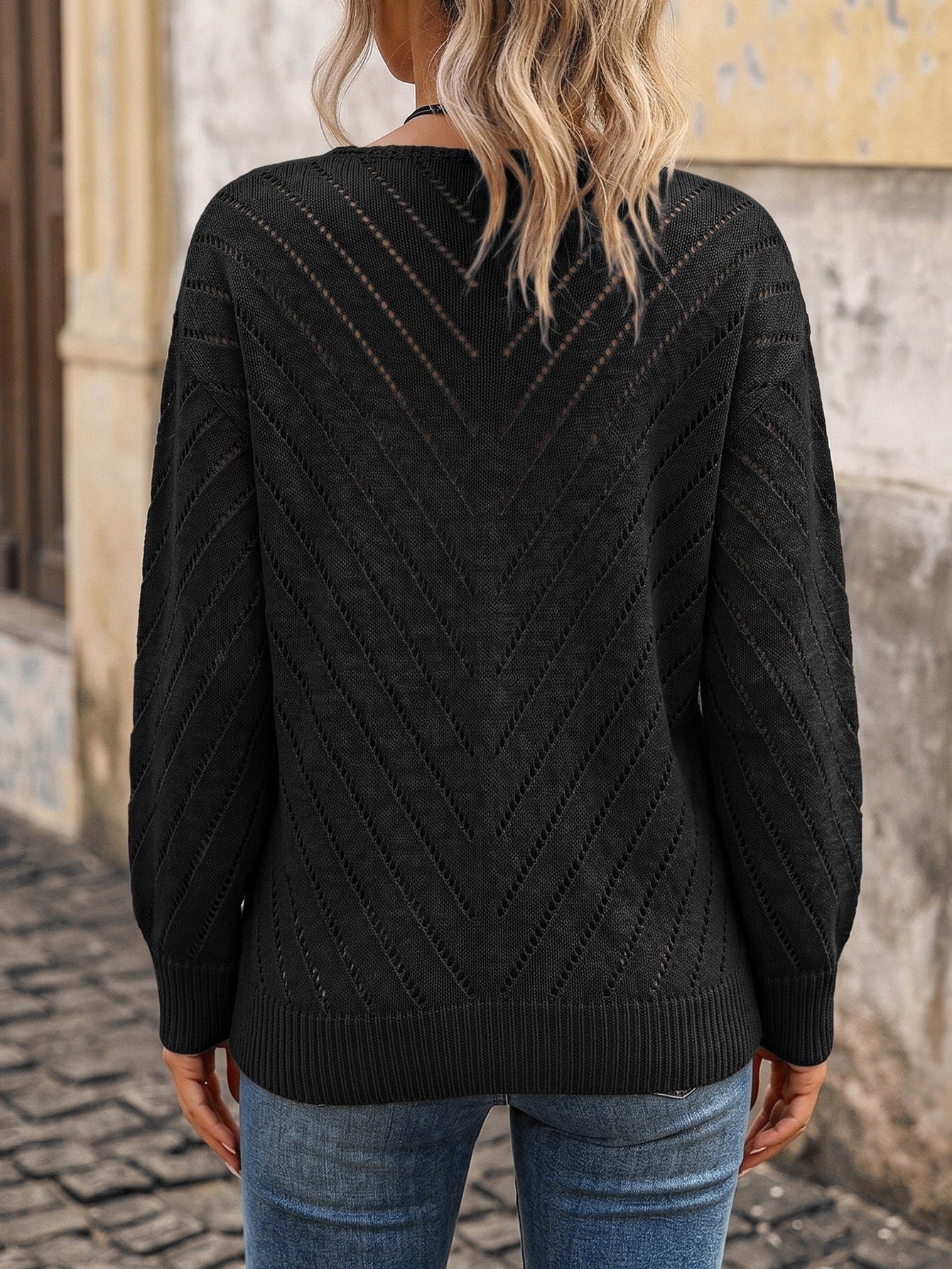 Moncelia Eliane Pointelle V-Neck Knit Pullover