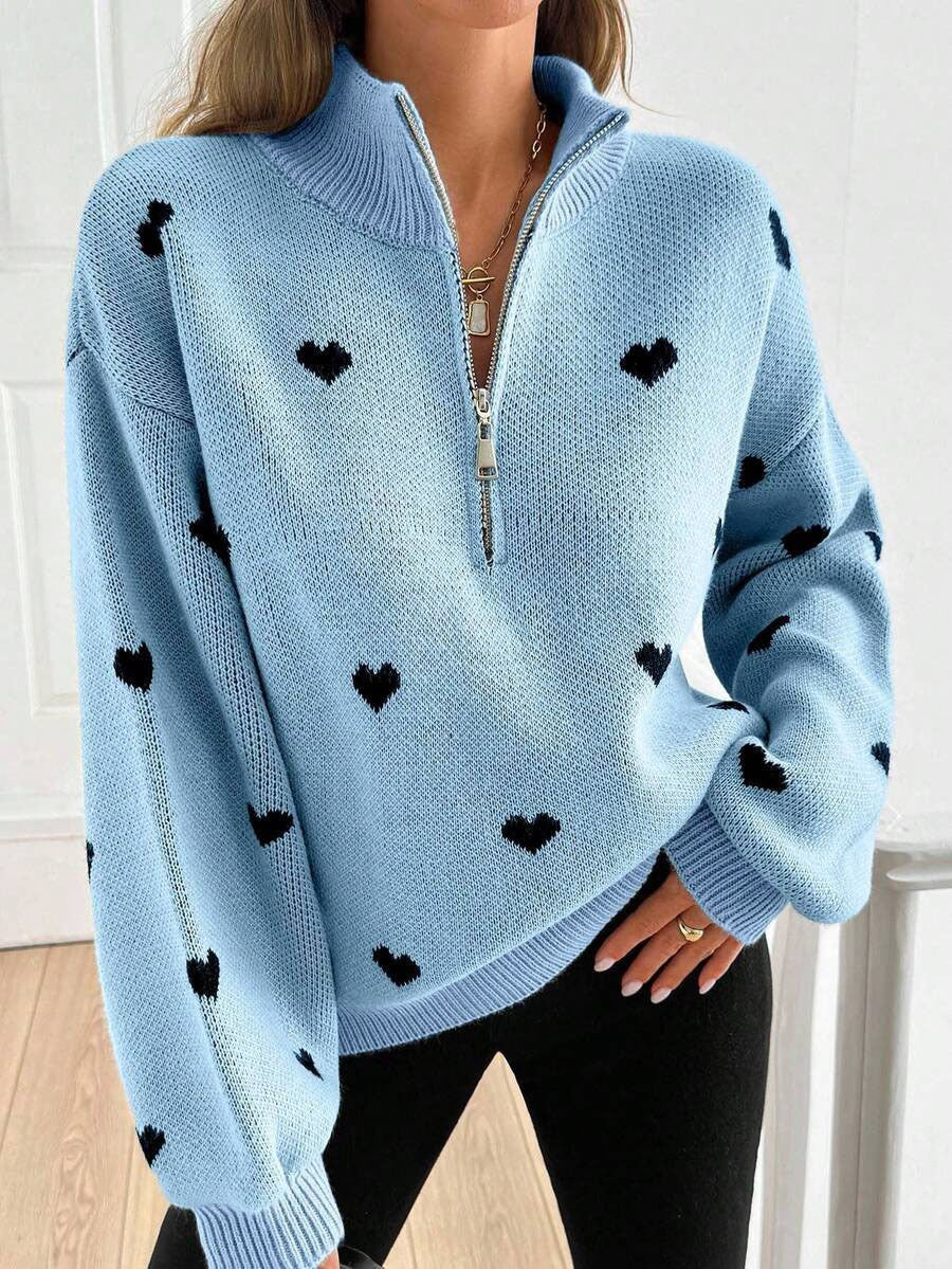 Moncelia Signy Heart Print Quarter-Zip Sweater