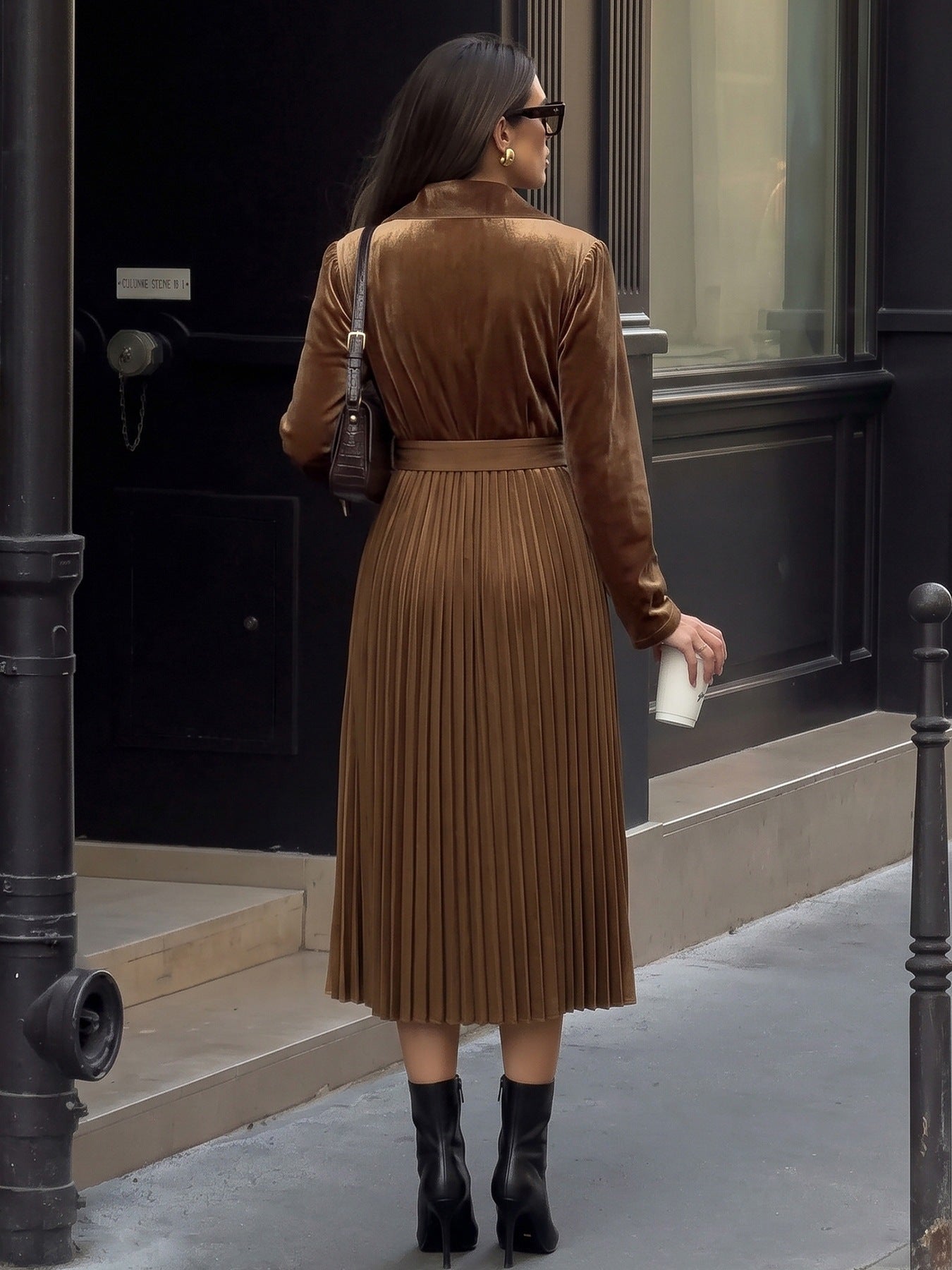 Margo & Main chocolate velvet pleated midi dress — back view of the belt and pleated skirt, US women's sizes