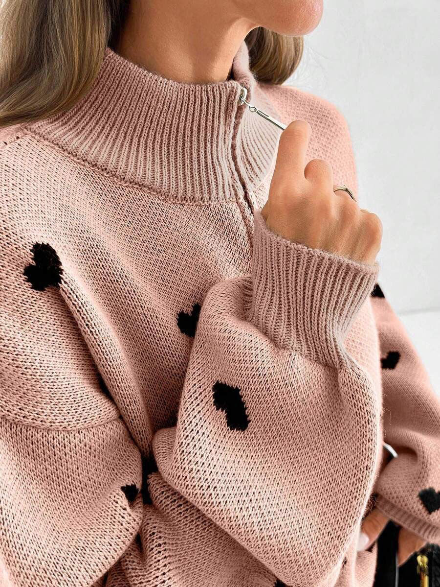 Moncelia Signy Heart Print Quarter-Zip Sweater