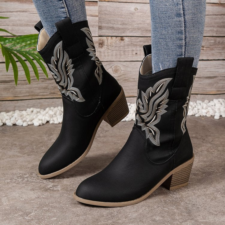 Moncelia Bianca Embroidered Mid-Calf Western Boots