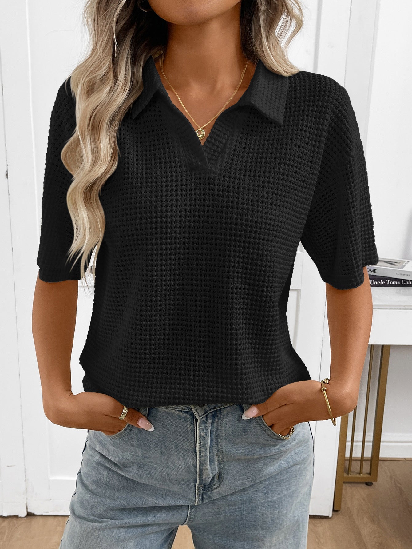 Moncelia Mabel Textured Knit Polo Top