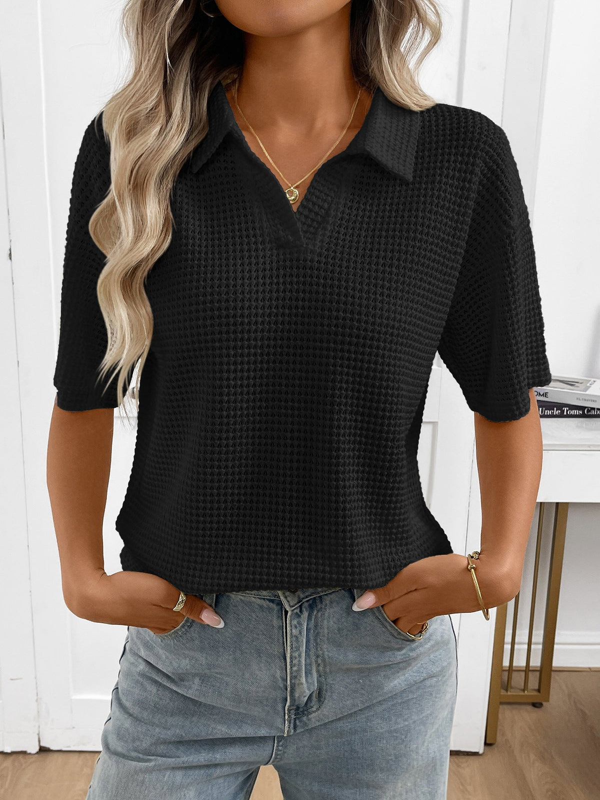 Moncelia Mabel Textured Knit Polo Top